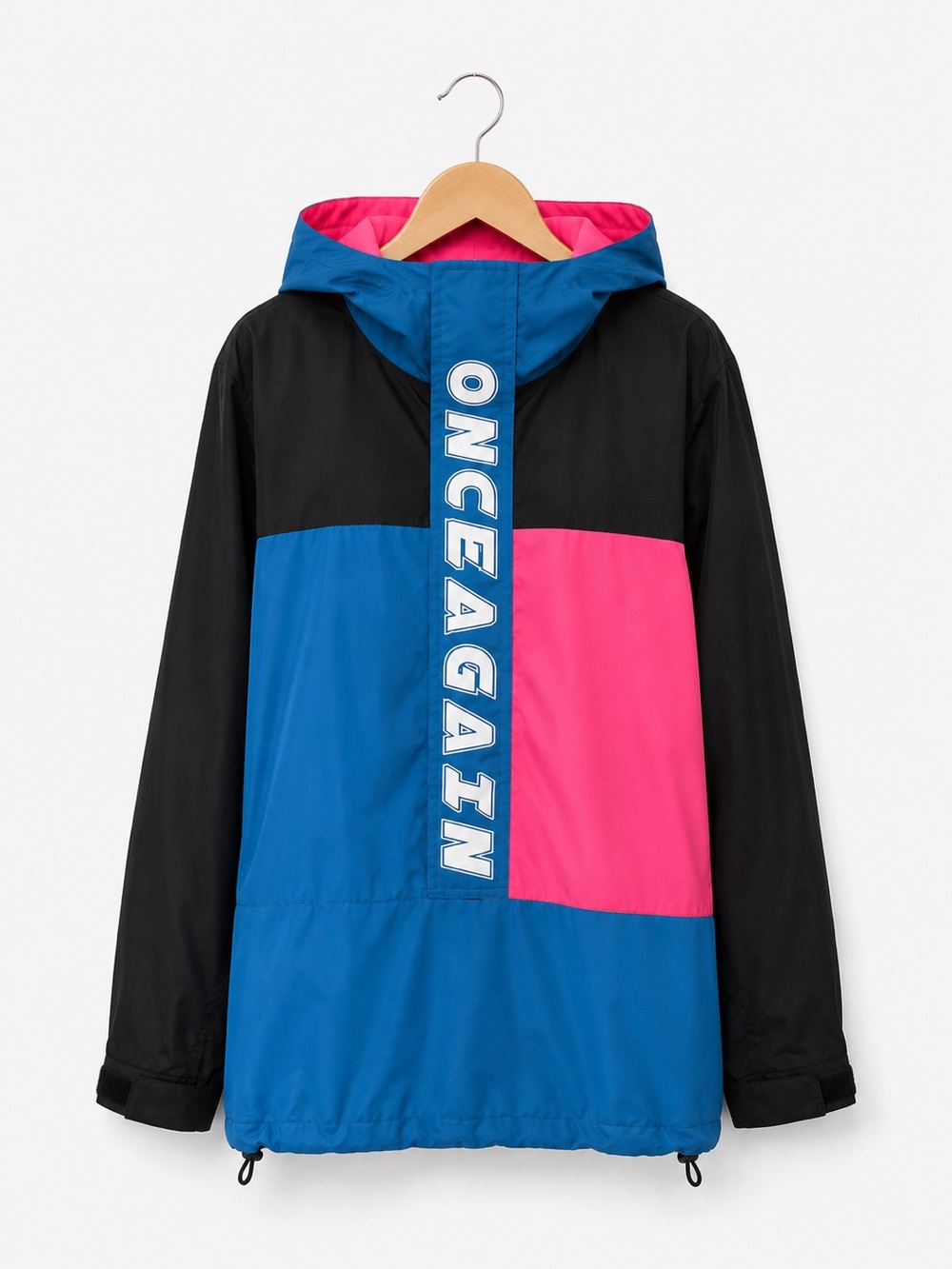 ONCE AGAIN Colorblock Windbreaker Jacket Neon Pink Blue Hooded M